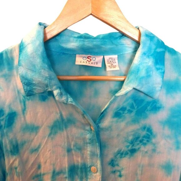 OSO Casuals Button Down Blue and White Collared Rayon Tie Dyed Long Sleeve Cover - Picture 5 of 7